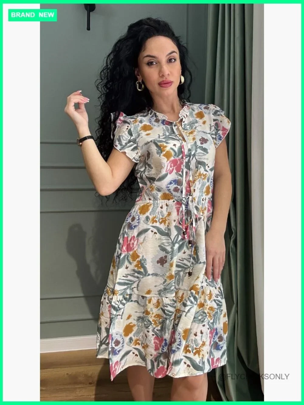 Viscose Polyamide Modal Lyocell Ruffle Sleeve V-Neck A-Line Mini Dress with